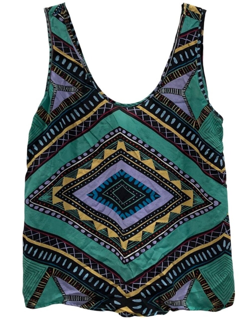 Abbeline 100% Silk Geometric Tank Top M Green Black Glam Layer Boho Y2K Festival
